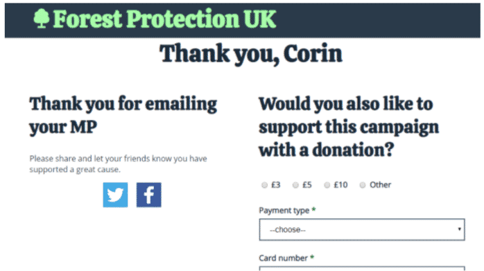 forest protection UK donation confirmation landing page