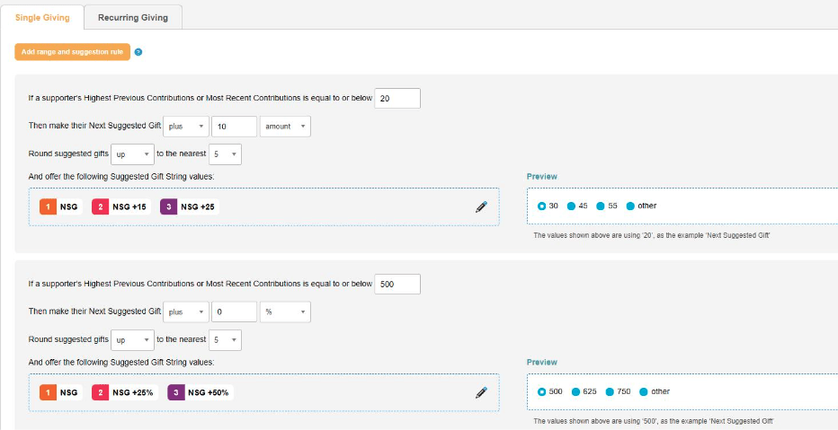 the Engaging Networks platform — that contain their correlated NSG amounts.
