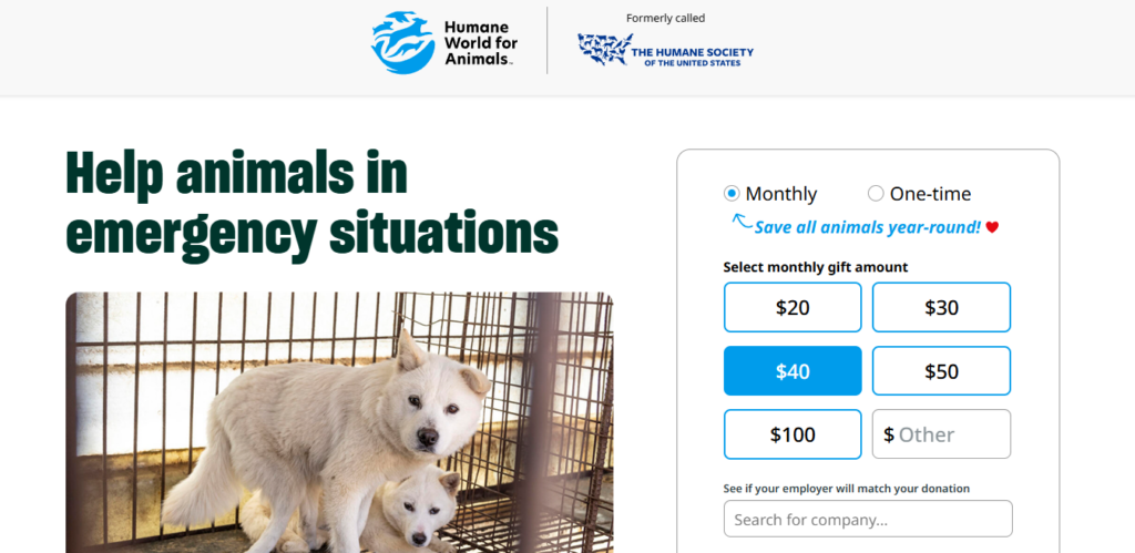 Screenshot of a corporate matching gifts web page from the Humane World for Animals