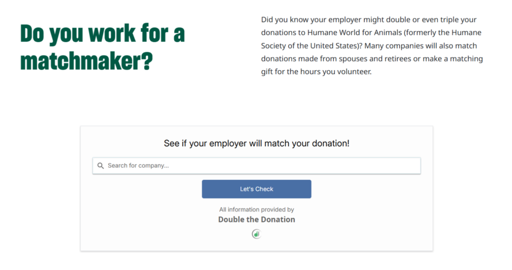 Example of a dedicated corporate gift matching web page from the Human World for Animals