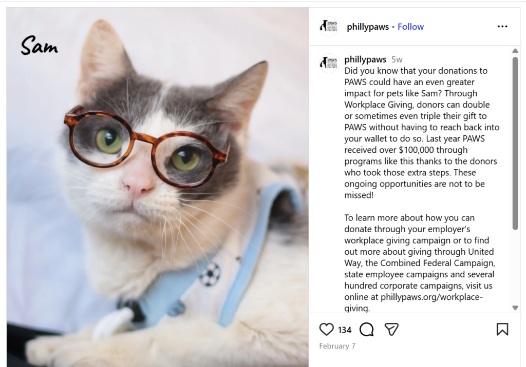 Example of a social media post from Philly Paws that discusses corporate gift matching