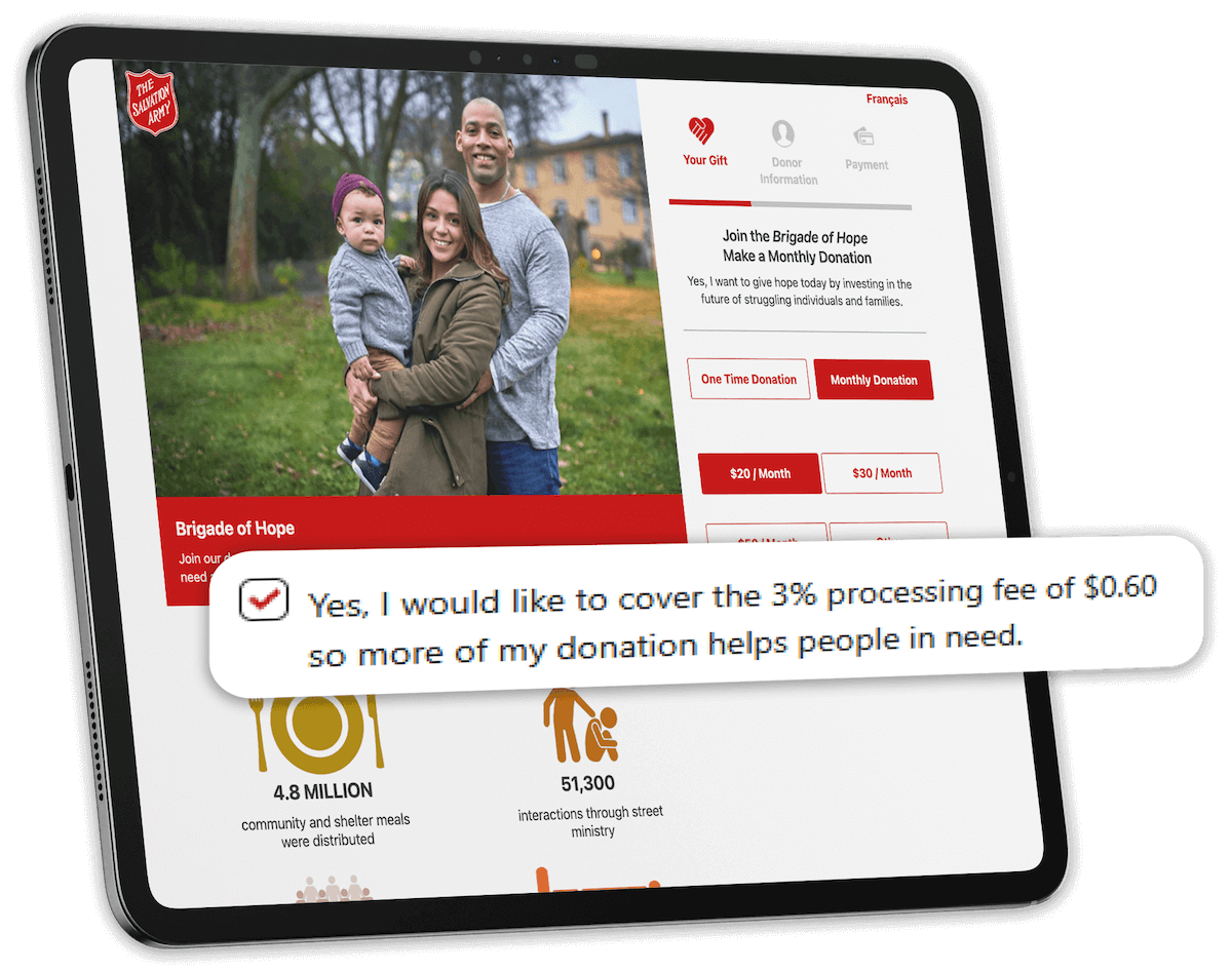 Salvation Army's donation page with a popup showing the option to cover processing fees