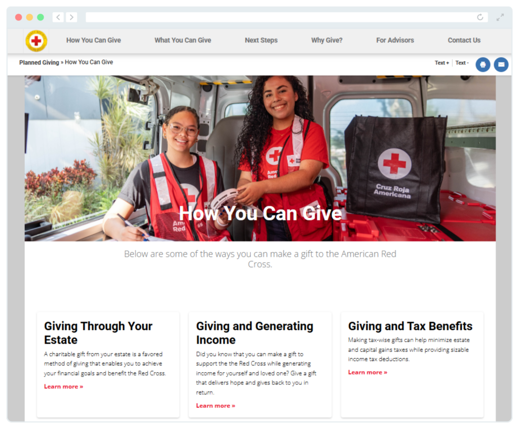 The American Red Cross’s planned giving microsite.