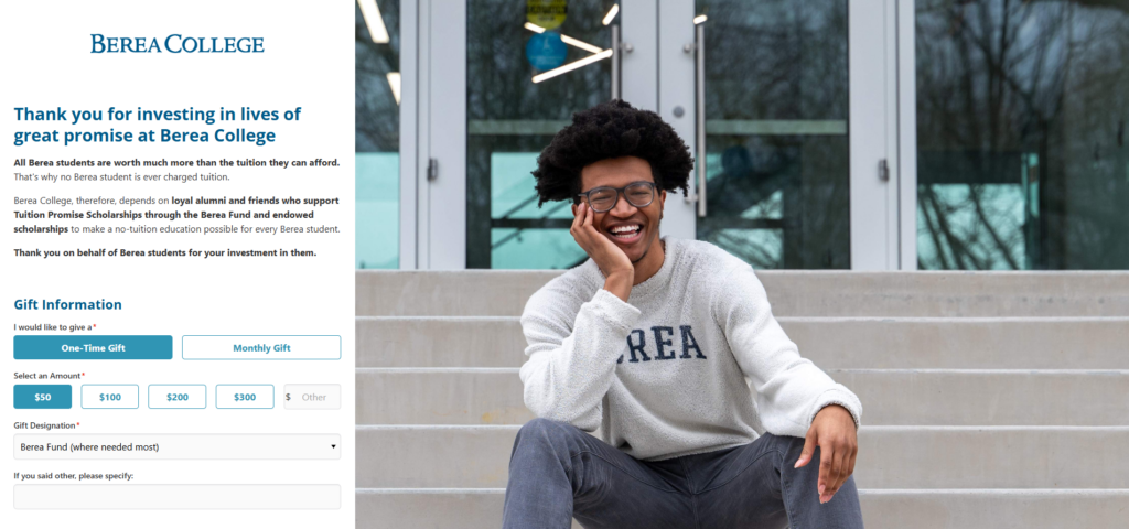 A screenshot of Berea College's donation page. The page features an image of the student on the right and donation information on the left.