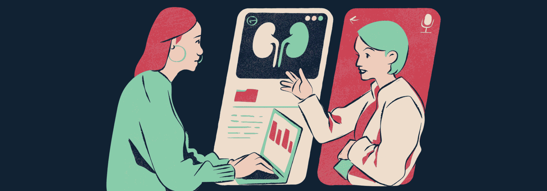 Decorative illustration of two people discussing kidney health information