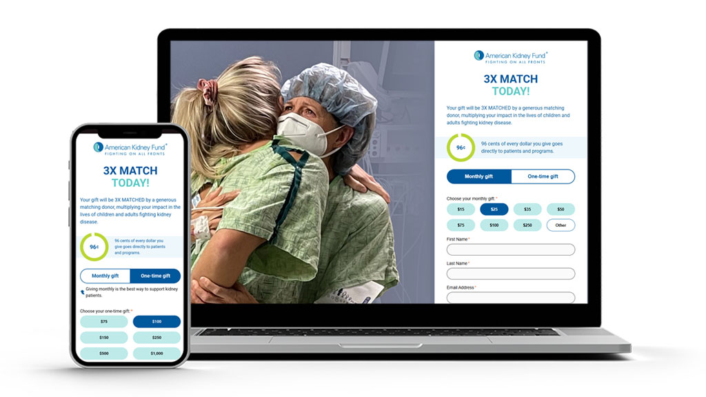 Images of desktop and mobile donation pages for the American Kidney Fund