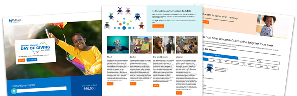 Collage of a Day of Giving campaign page from Children's Wisconsin