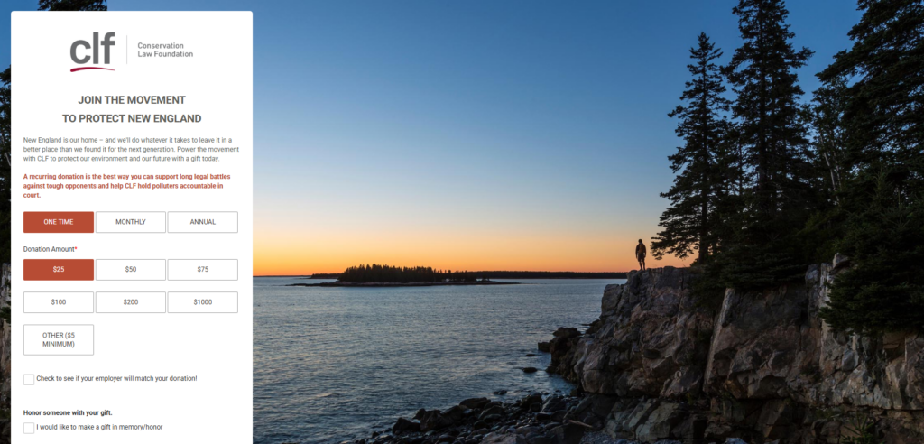 Screenshot of a donation page from Conservation Law Foundation (CLF)