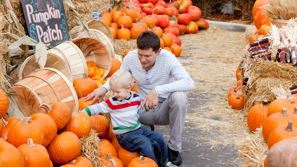 Photo of a father and son at a pumpkin patch fundraising event