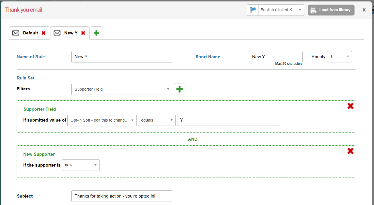 Autoresponder (thank you) email configuration options in Engaging Networks